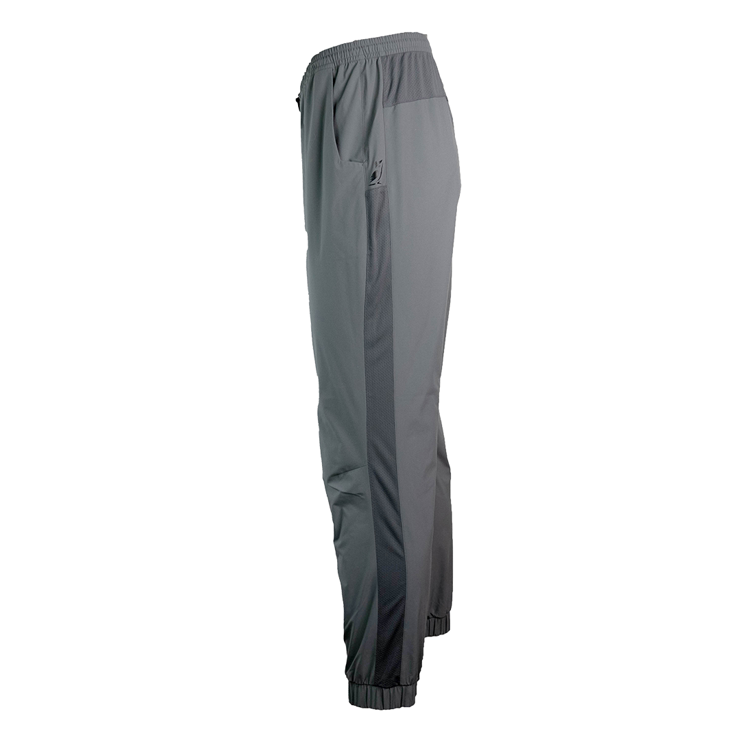 side view of men's gray trail joggers with full length side vent