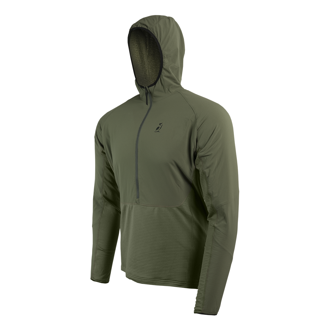 side view of olive green fleece hoodie for men