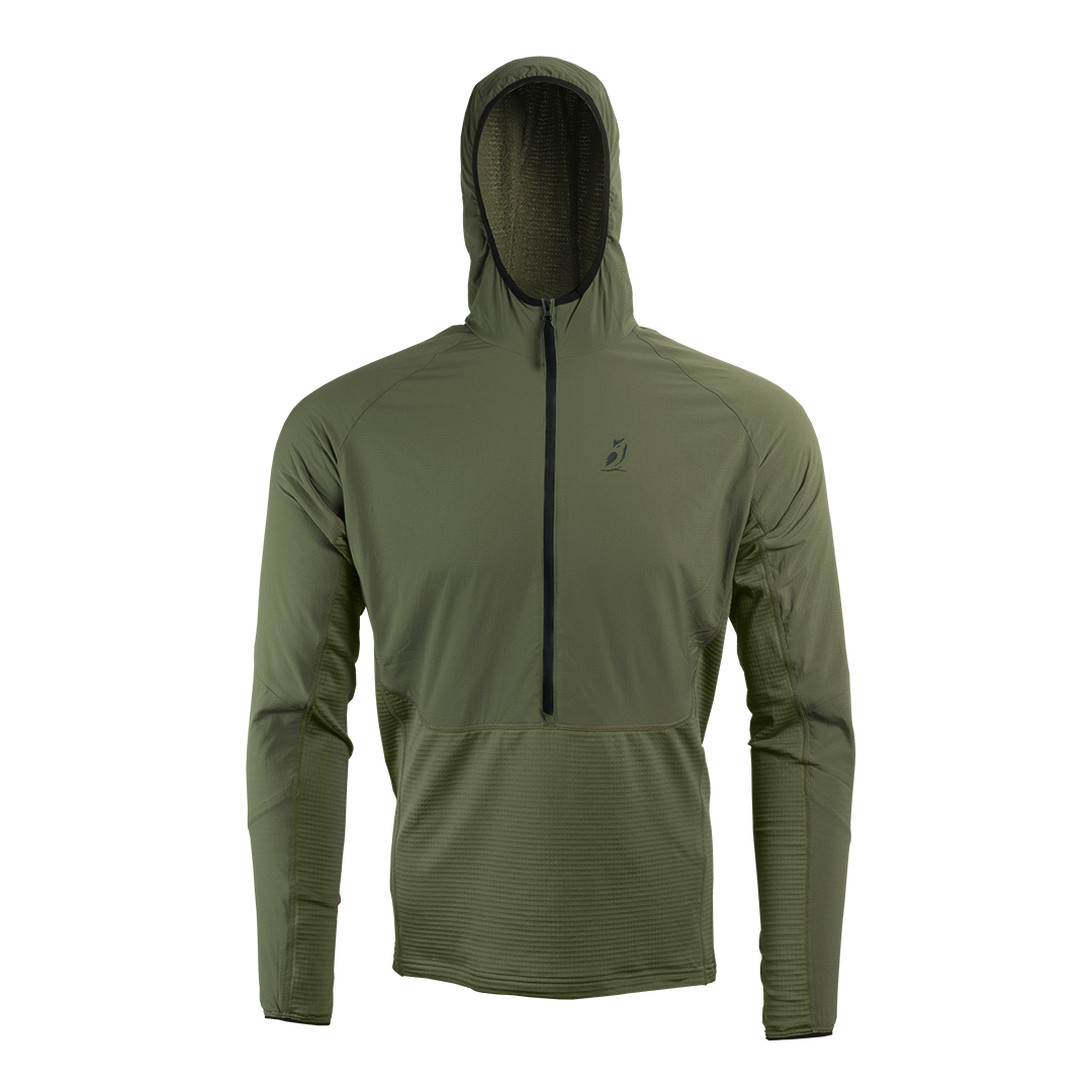 front view of olive green fleece mid layer