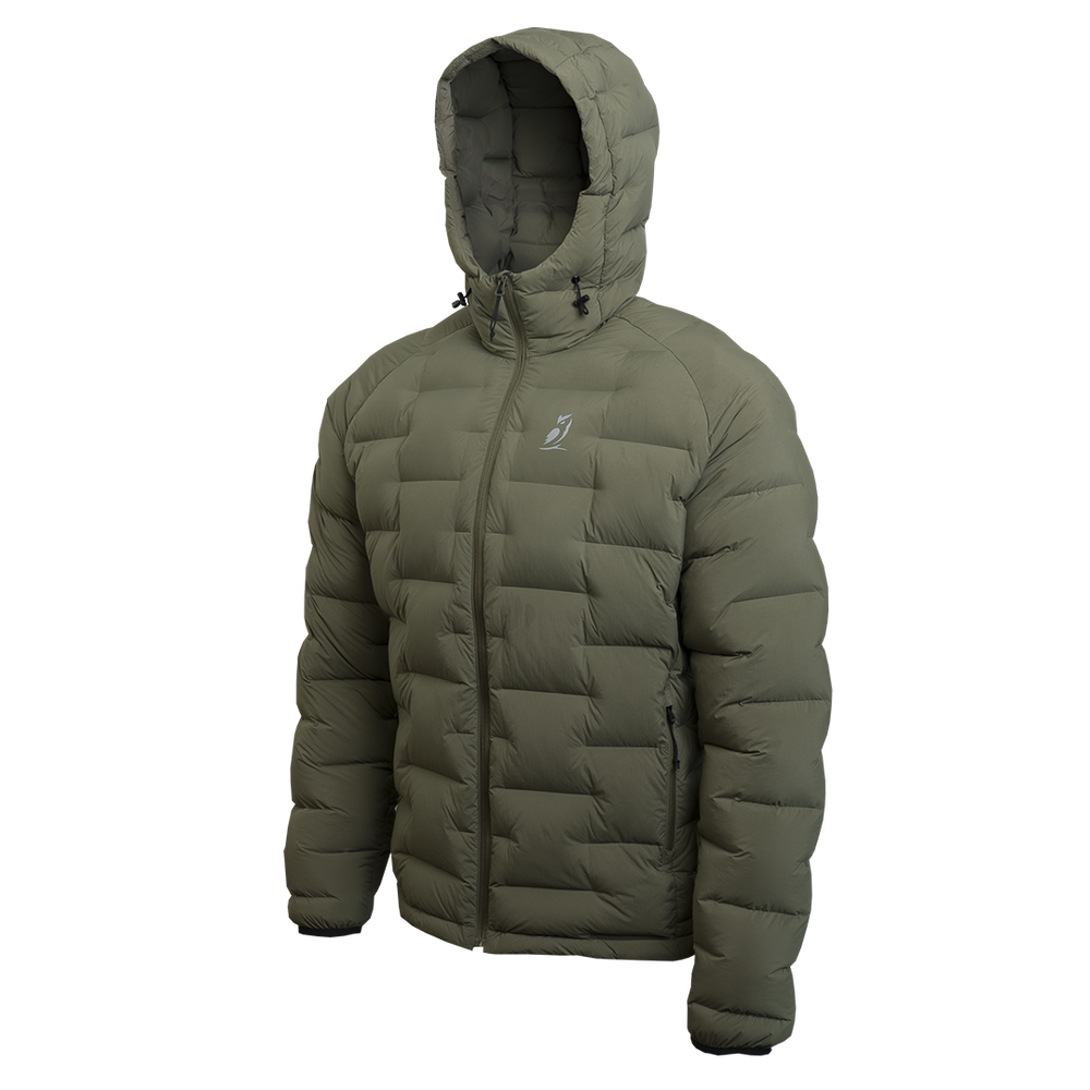 Outdoor Vitals Vantage Alpine Down Jacket in green – angled left front view, ultralight insulated puffer for cold weather hiking