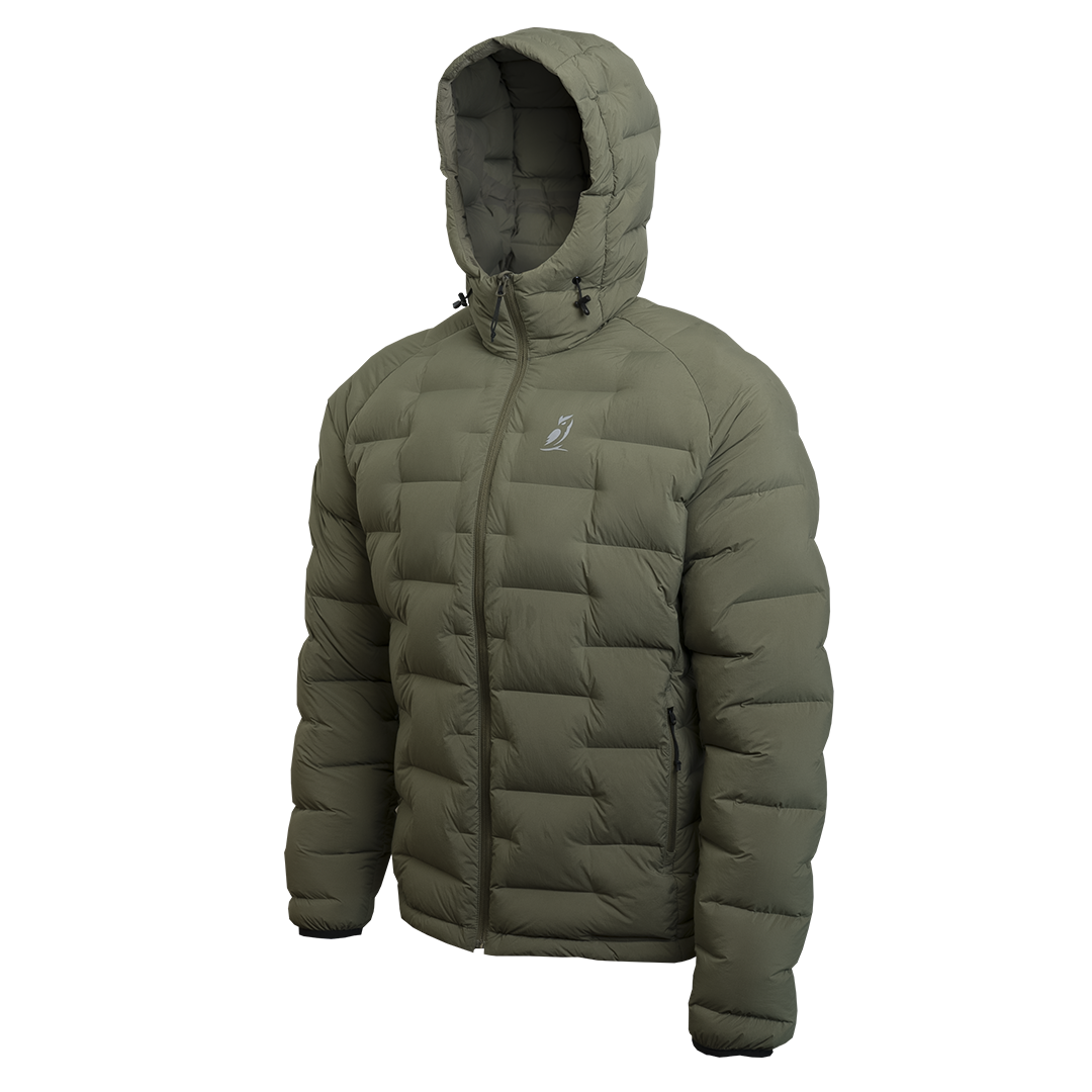 Outdoor Vitals Vantage Alpine Down Jacket in green – angled left front view, ultralight insulated puffer for cold weather hiking