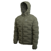 Outdoor Vitals Vantage Alpine Down Jacket in green – angled left front view, ultralight insulated puffer for cold weather hiking