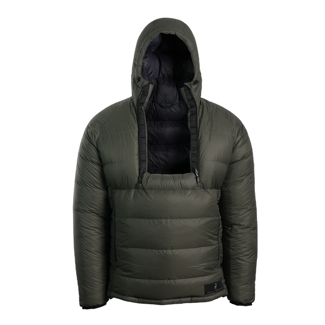 A gray hooded anorak with a black interior lining and 2 half zips fully unzipped for easy access to chest gear, shown against a plain white background.