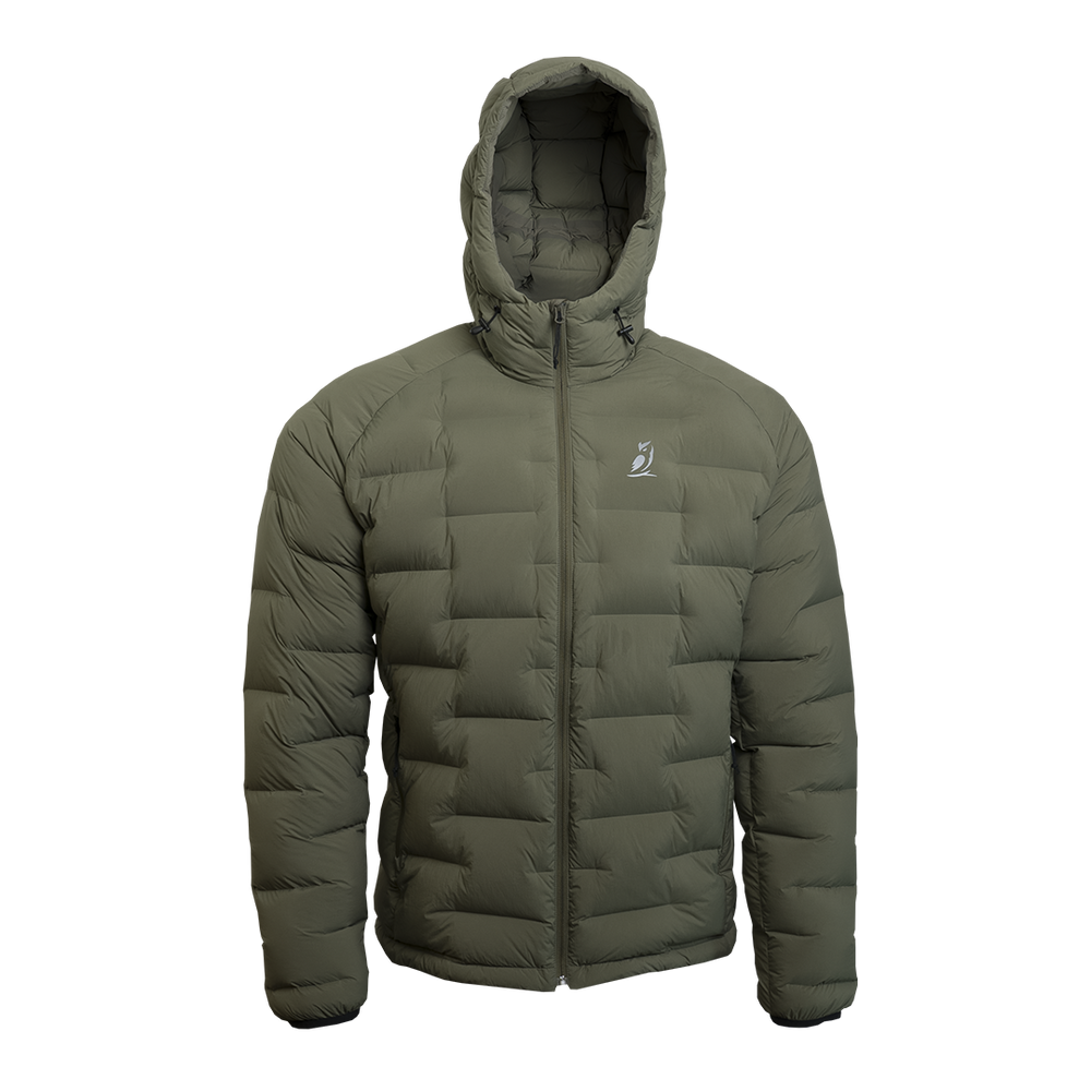 Outdoor Vitals Vantage Alpine Down Jacket in green – front view with hood, lightweight alpine insulation for backpacking