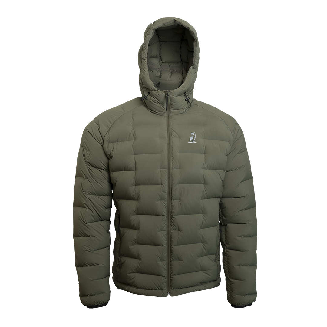 Outdoor Vitals Vantage Alpine Down Jacket in green – front view with hood, lightweight alpine insulation for backpacking
