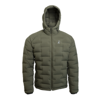 Outdoor Vitals Vantage Alpine Down Jacket in green – front view with hood, lightweight alpine insulation for backpacking