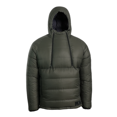 A gray hooded puffer anorak jacket with 2 half zippers, shown on a clean white background.