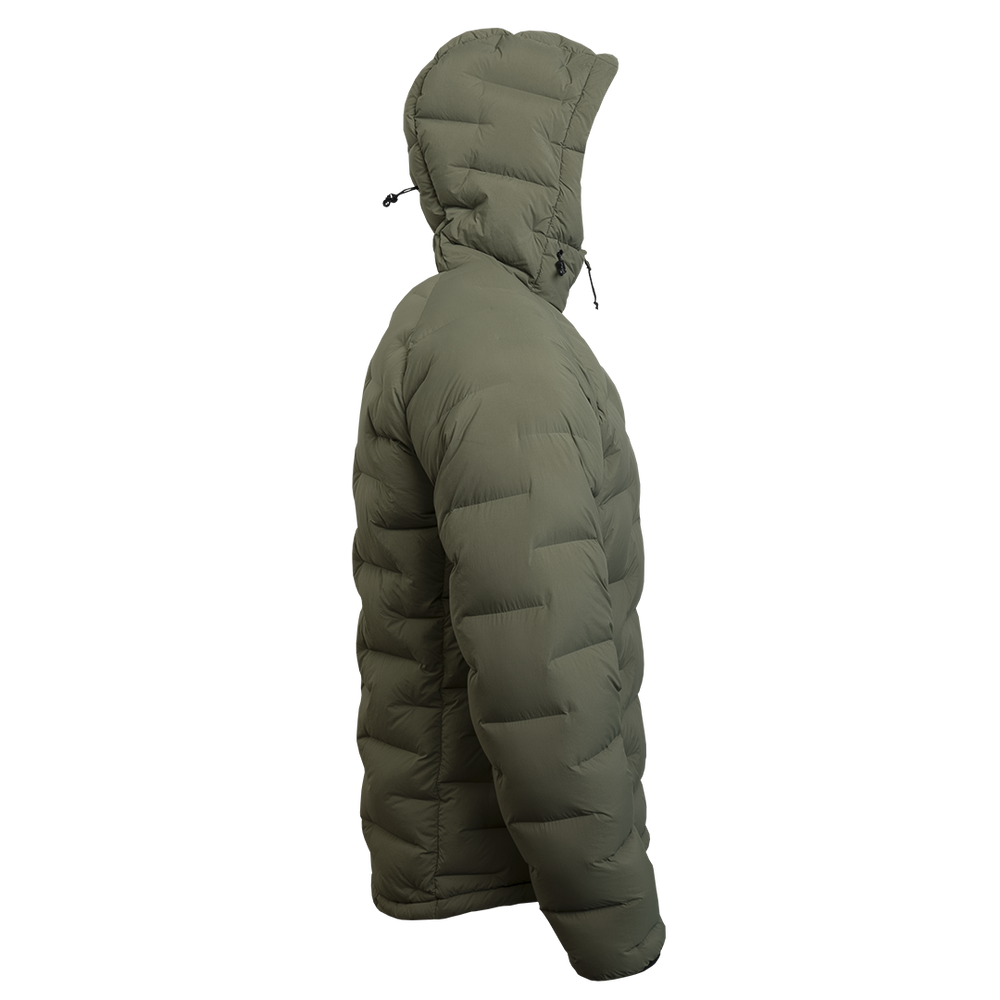 Outdoor Vitals Vantage Alpine Down Jacket in green – left side profile view with hood, ultralight zero stitch down jacket