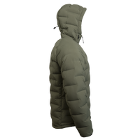 Outdoor Vitals Vantage Alpine Down Jacket in green – left side profile view with hood, ultralight zero stitch down jacket
