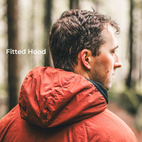 A man in a forest wearing a fitted hooded jacket, shown from the back and side. The text 'Fitted Hood' appears on the left.