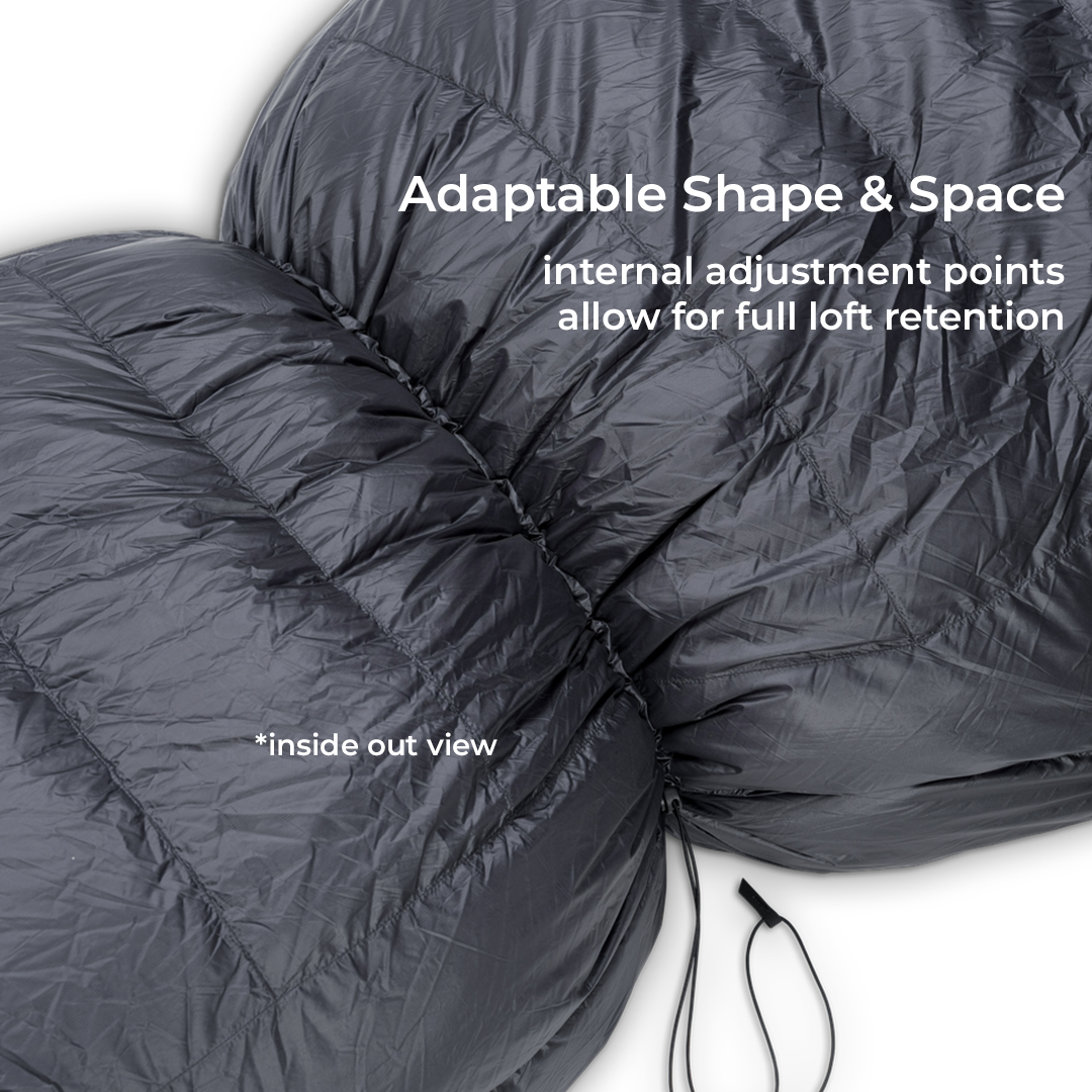 Close-up of the interior of a down sleeping bag showing the ability to use internal cinch cords to adjust volume & thermal efficiency.
