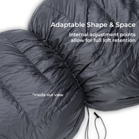 Close-up of the interior of a down sleeping bag showing the ability to use internal cinch cords to adjust volume & thermal efficiency.