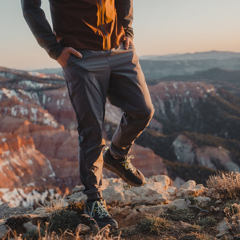 front view of hiker wearing gray Skyline Trail Joggers