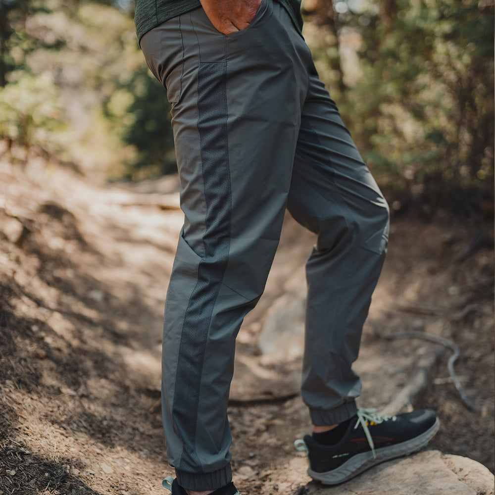 side view of men's gray ultralight hiking pants