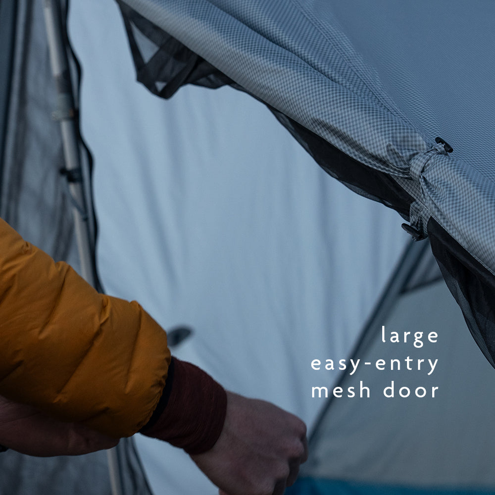 Large easy-entry mesh door on ultralight backpacking tent