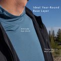 Blue - Close-up of a person outdoors wearing a blue sun shirt under a black zip jacket, with overlaid text reading 'Ideal Year-Round Base Layer'