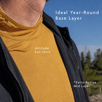 Golden - close view of sun hoodie being worn beneath ultralight mid layer