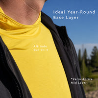 Yellow - close view of sun hoodie being worn beneath ultralight mid layer