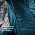Close-up of an athletic jacket with a textured, perforated fabric panel and white text overlay reading 'Body-Mapped Breathability & Insulation'.