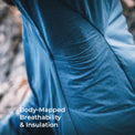 Close-up of a blue athletic jacket with a body-mapped perforated design and the text 'Body-Mapped Breathability & Insulation' on a blurred outdoor background.