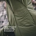 Close-up of an olive green technical jacket with a dotted breathable fabric panel and the text 'Body-Mapped Breathability & Insulation' overlaid on the lower left.
