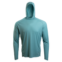 A blue ultralight synthetic hoodie with a hood, displaying true flat-lock seams and a minimal clean collar.