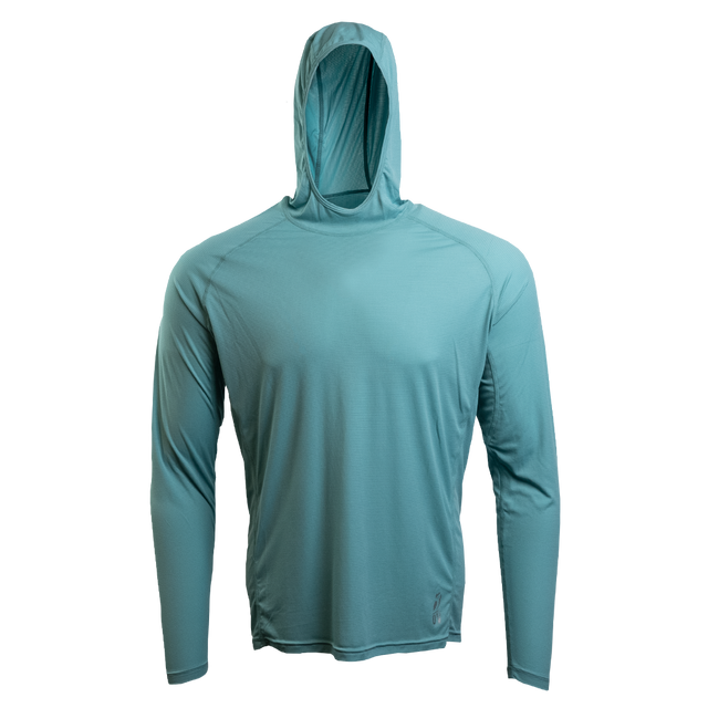 A blue ultralight synthetic hoodie with a hood, displaying true flat-lock seams and a minimal clean collar.