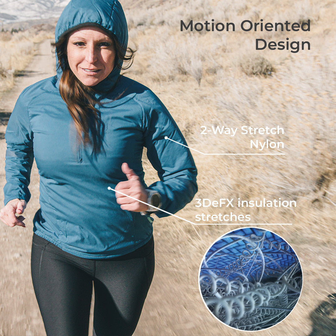 A woman outdoors wearing a teal-blue hooded athletic jacket with callout text reading 'Motion Oriented Design,' '2-Way Stretch Nylon,' and '3DeFX insulation stretches,' plus a circular inset showing the fabric texture.