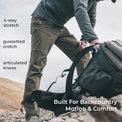 side view of man wearing lightweight mountain pants on a peak while picking up a backpack