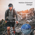 A man wearing a gray hooded technical jacket and black shorts hikes on a rocky mountain trail, with text overlays reading 'Motion Oriented Design' and '2 Way Stretch Nylon' plus a circular inset showing the fabric stretch detail.