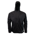 front view of black colored windbreaker jacket for backpacking