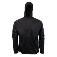 front view of black colored windbreaker jacket for backpacking