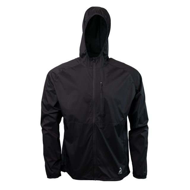 front view of black colored windbreaker jacket for backpacking