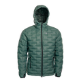 A blue-green NovaPro men's down jacket with a hood, featuring a zipper front and quilted design warmth.
