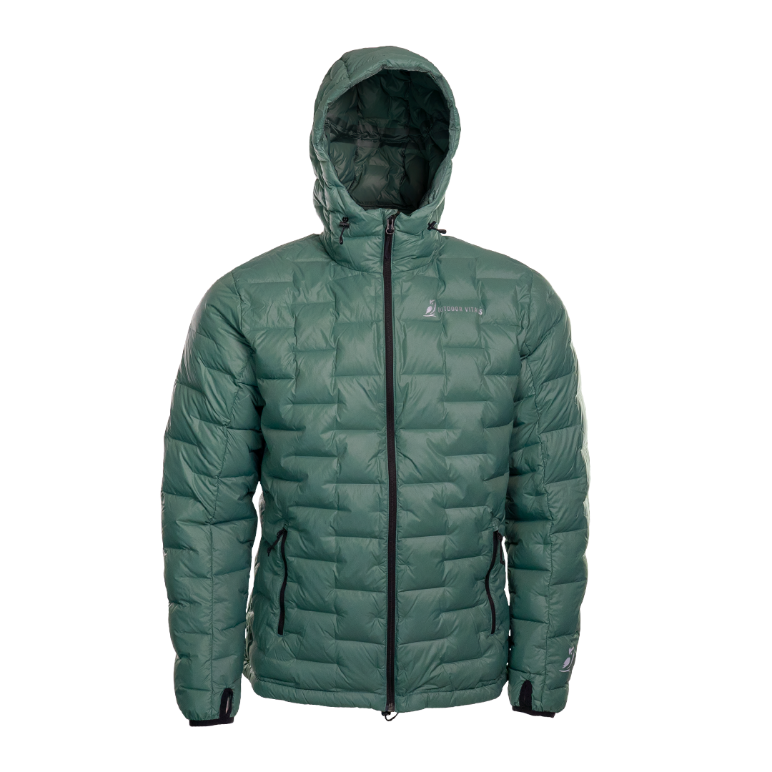 A blue-green NovaPro men's down jacket with a hood, featuring a zipper front and quilted design warmth.