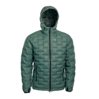 A blue-green NovaPro men's down jacket with a hood, featuring a zipper front and quilted design warmth.