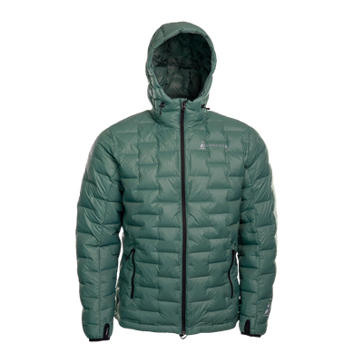 A blue-green NovaPro men's down jacket with a hood, featuring a zipper front and quilted design warmth.