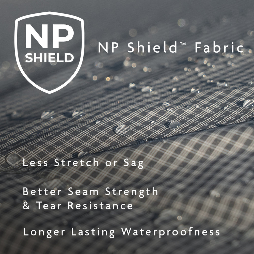NP Shield fabric with water droplets and text highlighting features