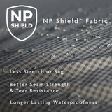 NP Shield fabric with water droplets and text highlighting features
