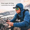 A man in a blue hooded outdoor jacket and reflective sunglasses crouches in a rocky mountain landscape, holding a phone. Text on the left reads 'One Layer All Day' and 'comfortable from 25-50F'.