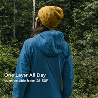 A person viewed from behind wearing a blue hooded one-layer jacket and a mustard yellow knit beanie, standing in a dense green forest. White text in the lower left reads 'One Layer All Day' and 'comfortable from 25-50F'.