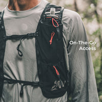 Close view of pocketing on technical fastpack harness. Text callout states, "On-The-Go Access."