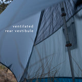 Rear vestibule ventilation on ultralight trekking pole backpacking tent