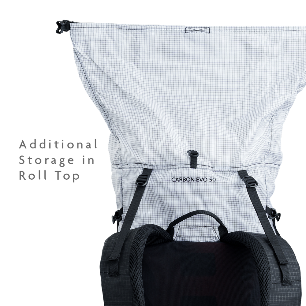 Backpack roll-top closure expanded to show additional storage capacity.