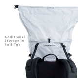 Backpack roll-top closure expanded to show additional storage capacity.