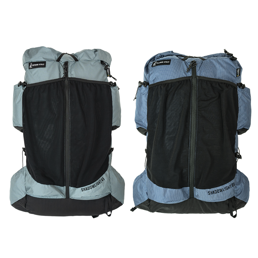 Pair of Shadowlight Ultralight Backpacks highlighting the mesh pockets and zipper details