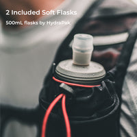 close view of included HydraPak soft flask with Skyline 30 Fastpack. Text states the soft flask is 500mL.