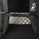 Close view of Shadowlight Ultralight Backpack shoulder straps with a contrasting white logo detail