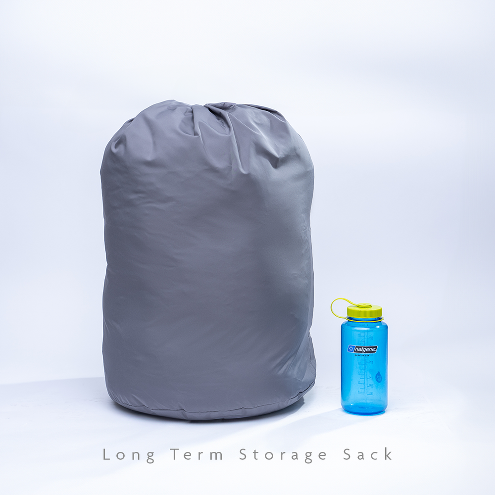 front view of long term storage sack size compared to Nalgene bottle