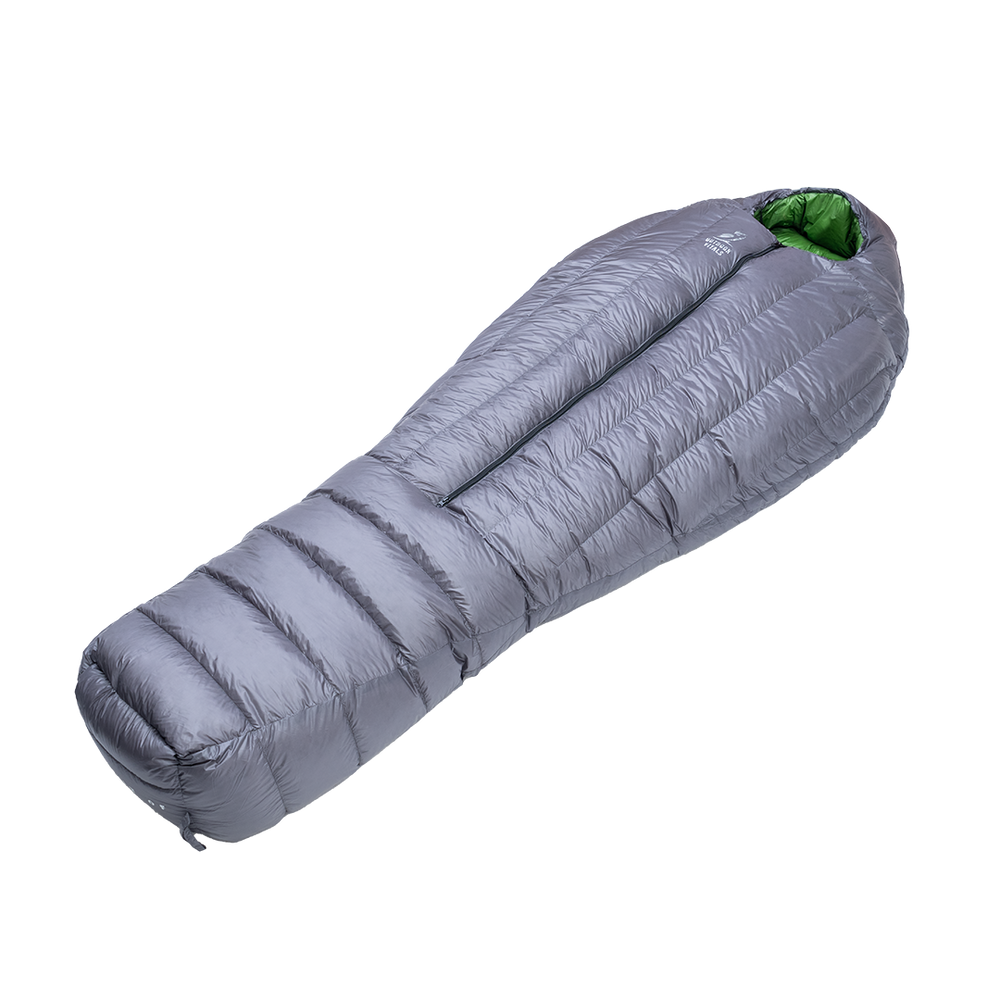 angled view of 0 degree down sleeping bag with center zipper